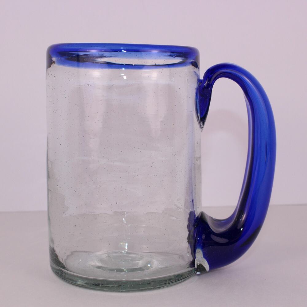 Hand Blown Bubble Glass Cobalt Blue Rim, Handle Beer Stein or Mug Heavy